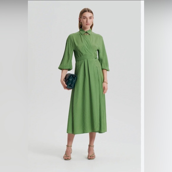 Scanlan Theodore Dresses & Skirts - Scanlan Theodore Women’s M Green Gingham Wrap Midi Dress w/Collar and Belt - EUC